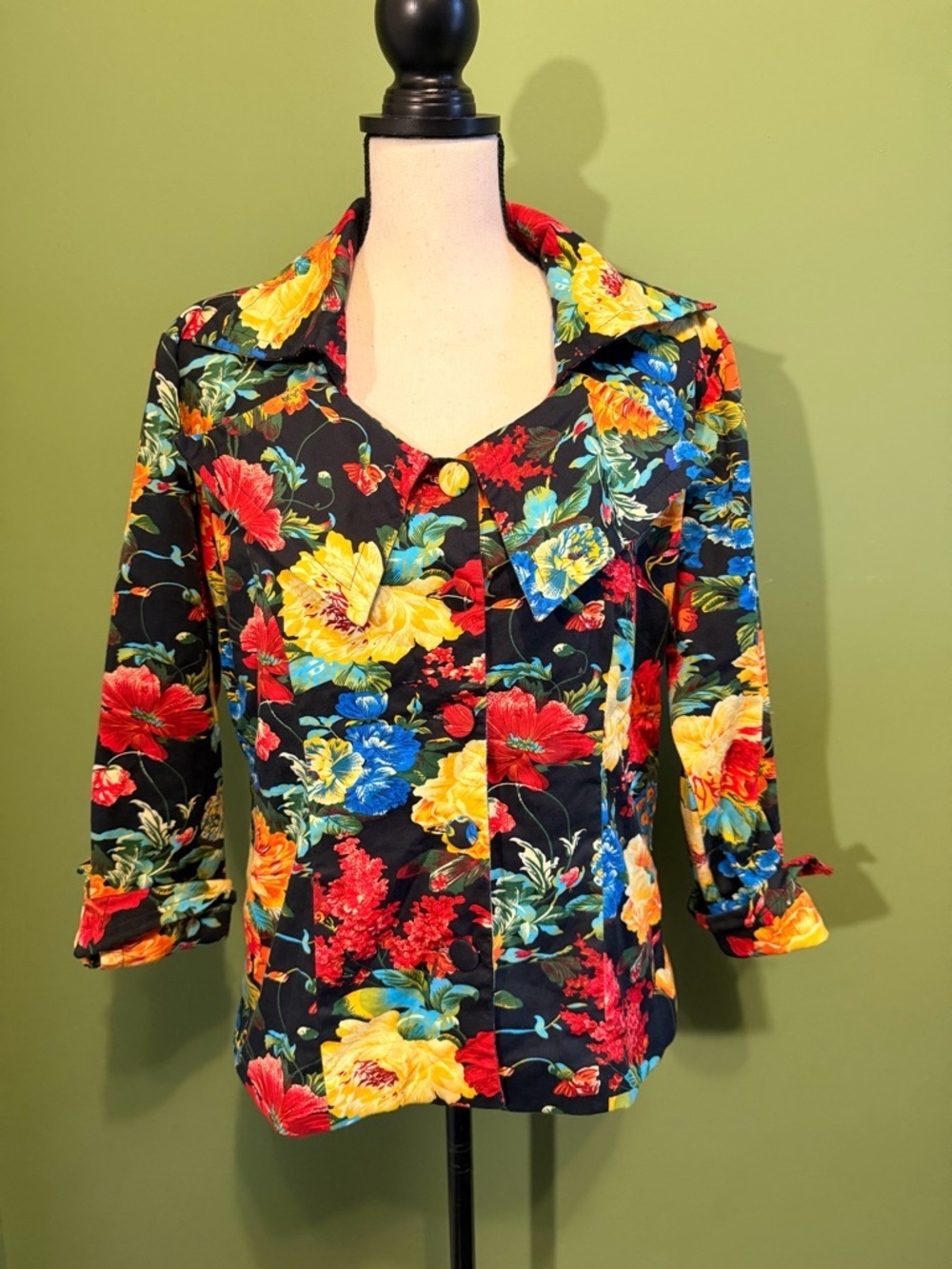 Vibrant Floral Button-Up Jacket - Black Base with Red, Yellow & Blue Blooms